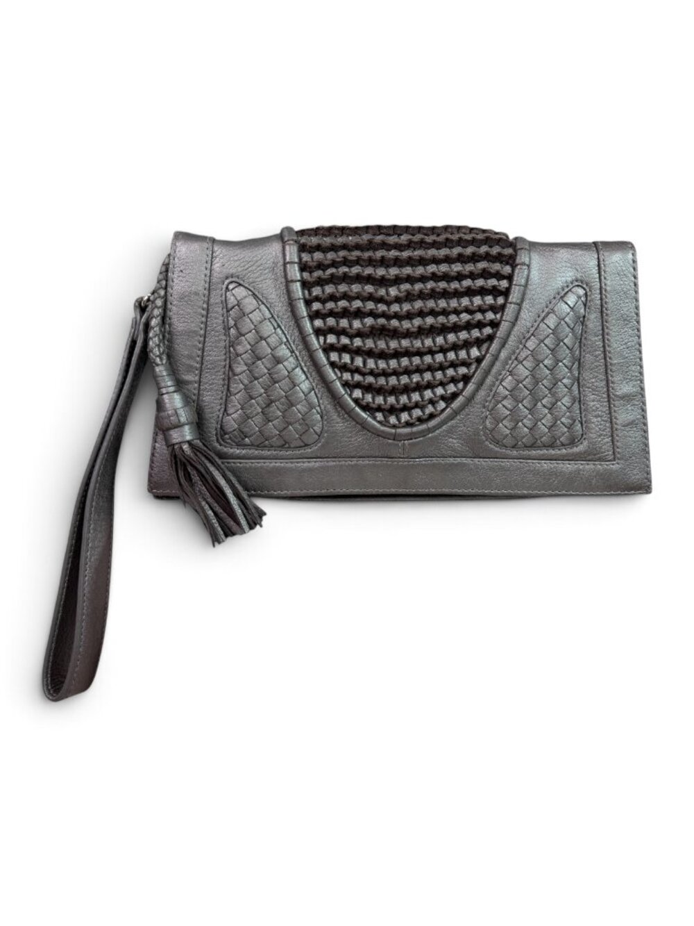 FILIPPA SWEET STOCKHOLM Pewter Gray Metallic Leather Clutch w/ Crochet & Tassel